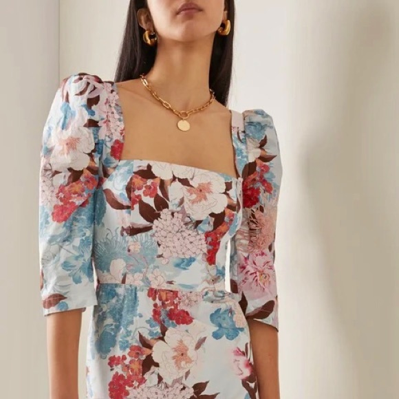 NWT Cara Cara Busy Puff-Sleeve Midi-Dress Japanese Floral blue - Picture 2 of 14